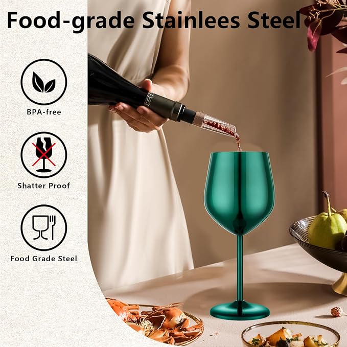 UNISWEET Unbreakable Stainless Steel Wine Glasses Set of 4, Green | 17oz Unique Fancy Metal Wine Goblets, Shatterproof, Ideal for Outdoor, Camping, Travel, Pool, Great Gift for Wine Lovers
