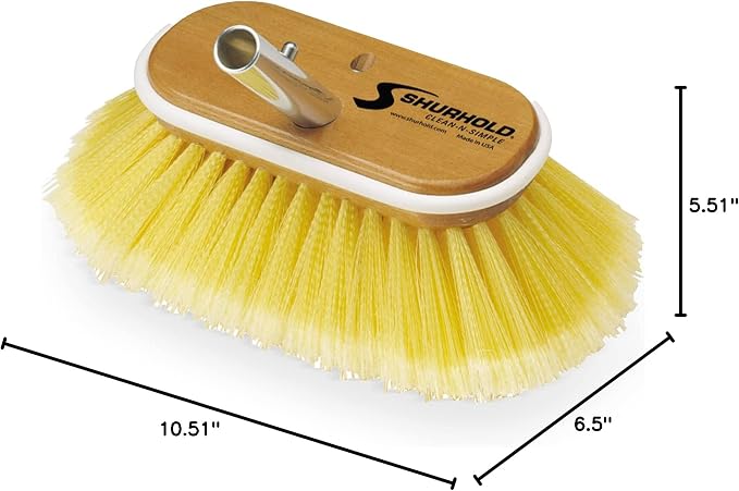 Shurhold Classic 6” Soft Bristle Deck Brush – Compact Boat Brush with Wood Block, Rubber Bumper & Split-End Polystyrene Bristles - Yellow