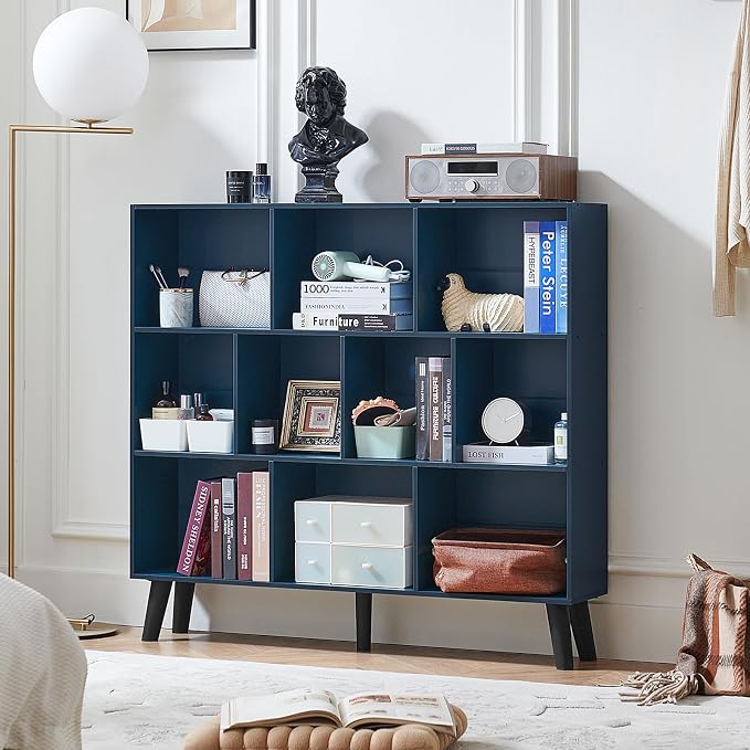LEYAOYAO 10 Cube Bookshelf,Mid-Century Modern Bookcase with Legs,Dark Blue | 3 Tier Book Shelf,Rustic Wood Bookshelves Freestanding Large Storage Organizer, Open Shelves for Bedroom, Living Room, Office