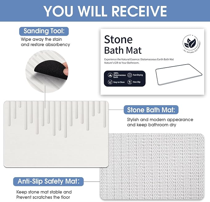 Veeloim Stone Bath Mat Diatomaceous Earth Bath Mat Non-Slip Quick Drying Diatomite Stone Shower Mat Natural Easy to Clean23.6 * 15.4"