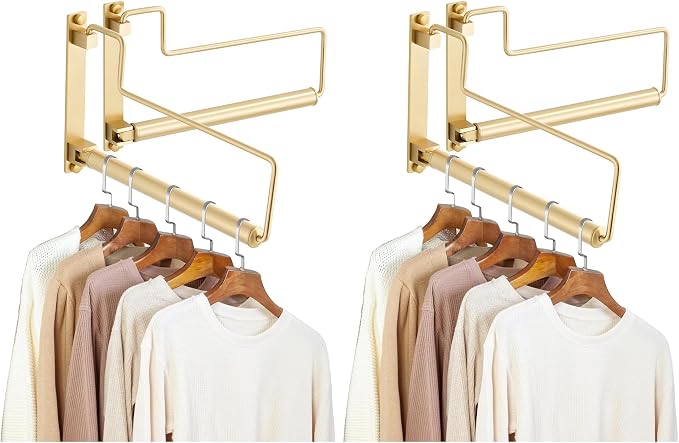 NEWRAIN Clothes Drying Rack, Laundry Racks for Drying Clothes, Wall Mounted Swing Arm Clothes Hanger for Laundry Room, Garage, Indoor & Outdoor Use,Brushed Gold (Pack of 2)