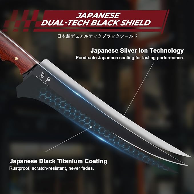 DRGSKL Fish Fillet Knife 7 inch - Black Slicing Knife with Wooden Handle | Japanese ATS-34 Steel, Full Tang, Ergonomic Walnut Handle, Precision Cutting, Gift Box