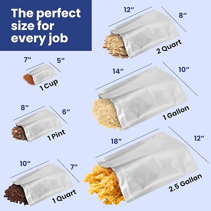 Wallaby 50 Count 1-Gallon Gusset Mylar Bags with Labels, 15 Mil Total Thickness Long-Term Food Storage Pouches, 14x10 Stand-Up Zipper Heat-Sealable Airtight Packaging - Silver