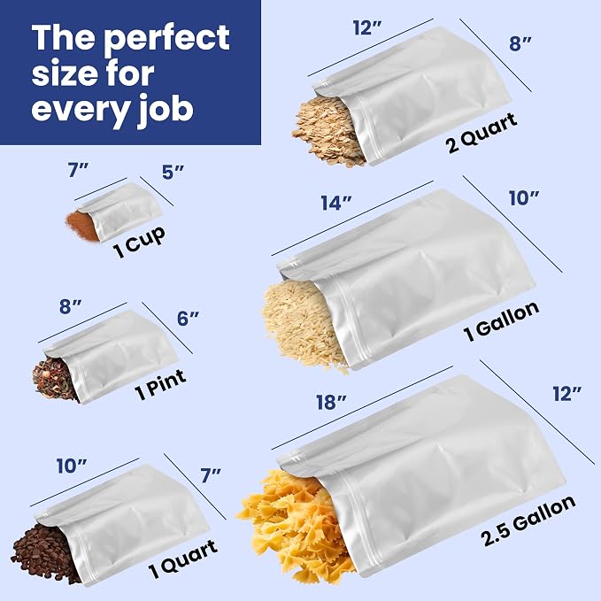 Wallaby 50 Count 2-Quart Gusset Mylar Bags with Labels, 14 Mil Total Thickness Long-Term Food Storage Pouches, 12x8 Stand-Up Zipper Heat-Sealable Airtight Packaging - Silver