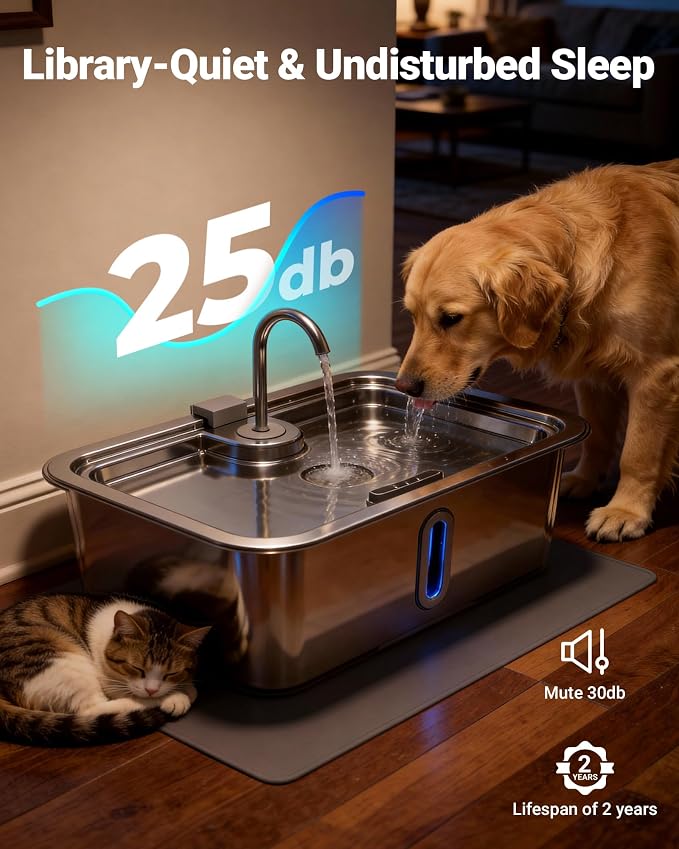 12L/3.17Gal Dog Water Fountain with Silicone Mat & 3 Filters, Stainless Steel Multi Pet Water Dispenser, Quiet Automatic Dog Water Bowl Dispenser with Visible Window & Alert Light for Large Dogs Cats