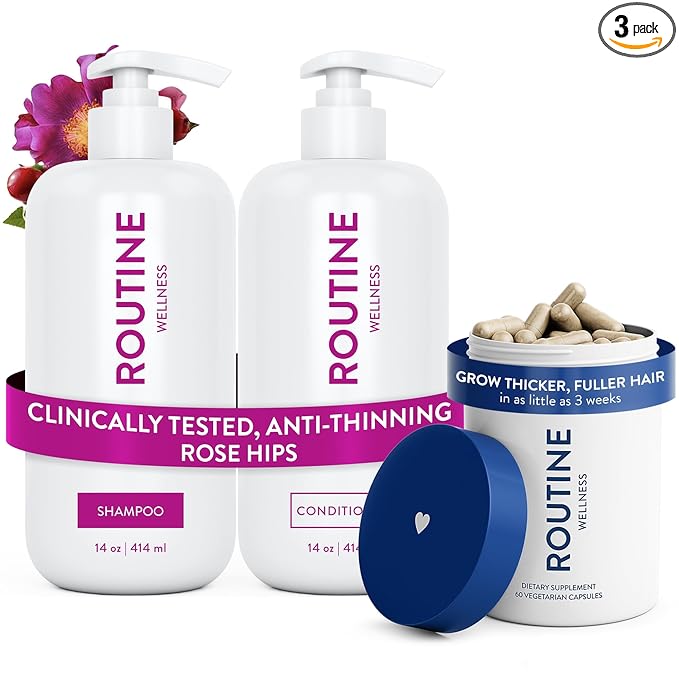 Routine Wellness Hair Thinning System, Anti-Thinning Shampoo & Conditioner Set Rose Hips + Hair Growth Supplement, Clinically Tested to Support Hair Growth
