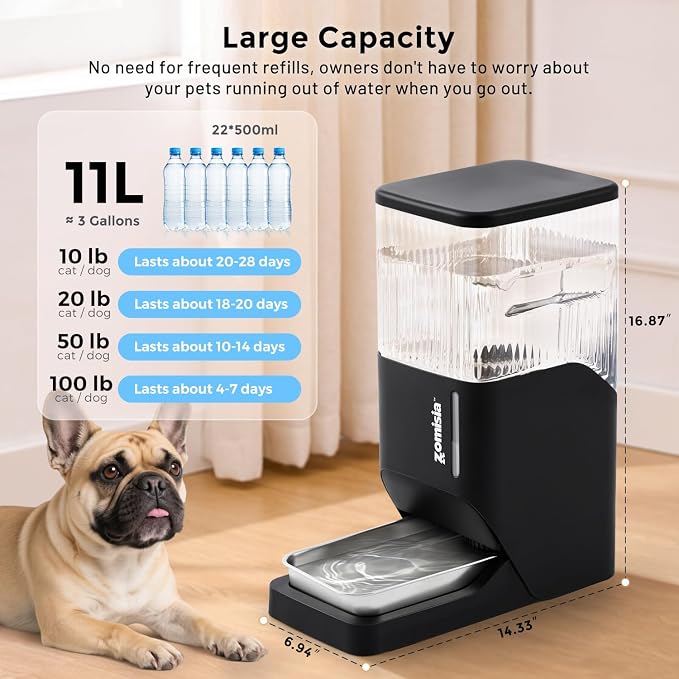 ZOMISIA Automatic Dog Water Dispenser 11L with Stainless Steel Bowl, Gravity Extra Large Capacity Water Bowl for Large-Sized Dogs, 3 Gallon Pet Waterer 100% BPA Free, Cool Grey