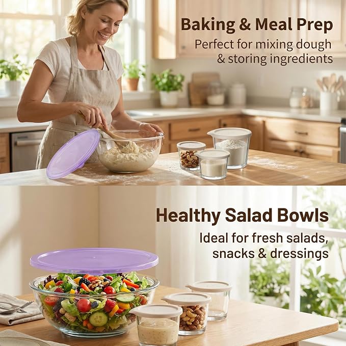 6QT Extra Large Glass Mixing Bowls Clear Glass Salad Cooking Bowls for Kitchen Salad Bread Storage with 8oz Small Bowls,Ideal for Kitchen Storage ﻿