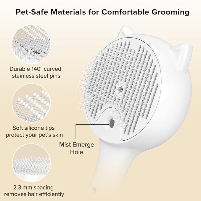 Steam Pet Grooming Brush for Cats & Dogs, Spray Silicone Deshedding Brush Reduces Shedding & Static, One-Click Fur Removal, Rechargeable Cat Dog Grooming Tool(White)