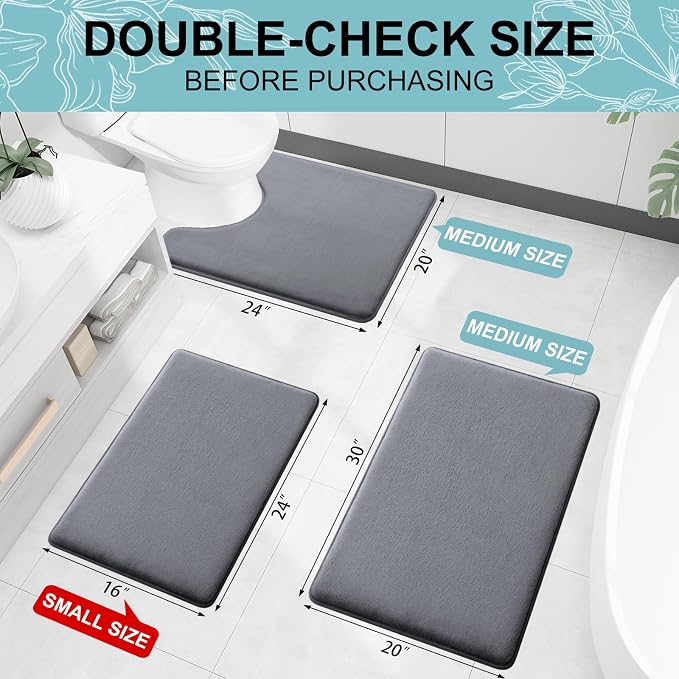 Smiry Memory Foam Bath Mat 24x16, Extra Soft and Absorbent Bathroom Mats, Non Slip Washable Carpet for Floor, Shower and Tub, Dark Grey