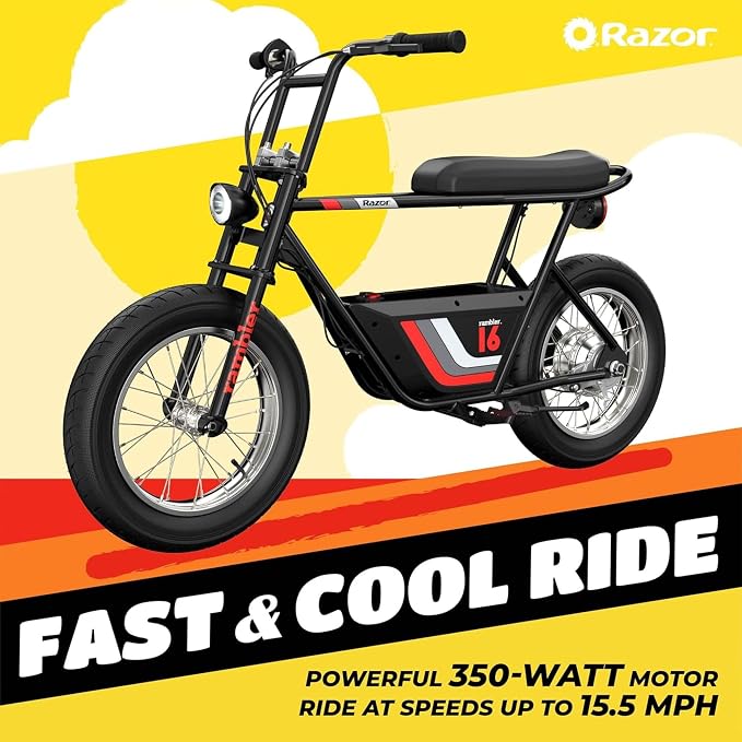 Razor Rambler 16 – 36V Electric Minibike with Retro Style, Up to 15.5 MPH, Up to 11.5 Miles Range, Wide, Rugged 16" Air-Filled Tires, Powerful 350 Watt Hub-Driven Motor | 140 lb Max Weight – 24V Battery, Up to 14 Mph, 30-Min Ride Time, Twist-Grip Throt...