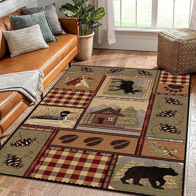 Rustic Cabin Deer Rugs 4x6 Feet Western Wildlife Bear Print Area Rug for Laundry Room Dining Room Entrance Non-Slip Lodge Bear Indoor Entryway Mat