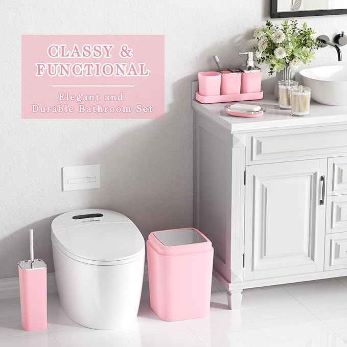 XLHOMO Bathroom Set, 9PC Bathroom Accessory Set, Pink Bathroom Accessories, Pink Bathroom Set, Trash Can, Soap Dispenser for Home Decor