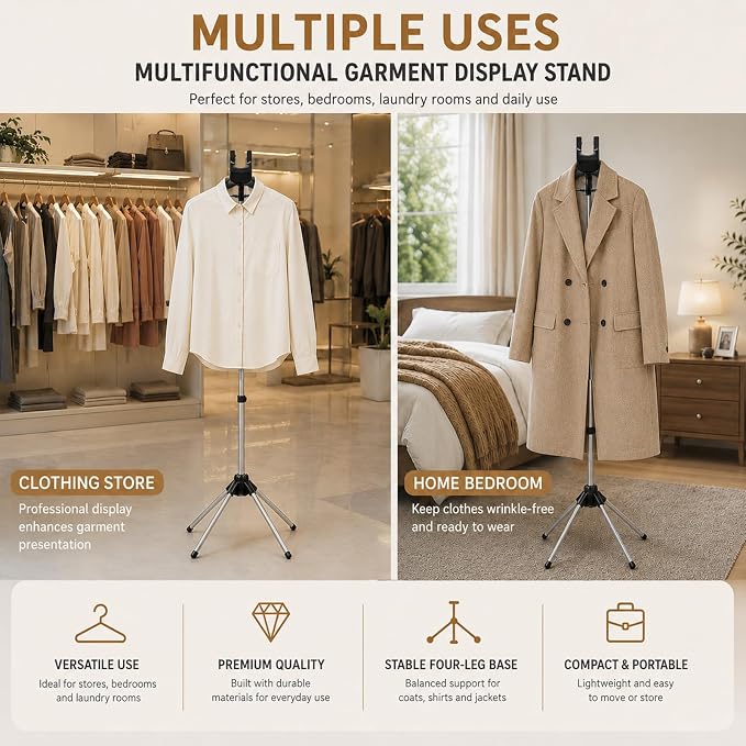 Garment Steamer Stand Set for Handheld Steamers, 33-63 Inch | Metal stand with 360 rotating hanger for shirts, suits and graduation gowns; includes 2 pads, 2 lint removers and 2 bags