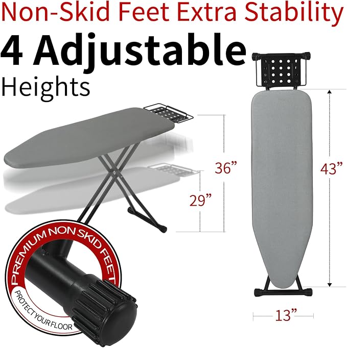Hanger Iron Board 43" X 13" with Heat Resistant Cover and Thicken Felt Pad, Safety Iron Rest, Anti-Skid Feet, Height Adjustable, Heavy Duty (Grey B)