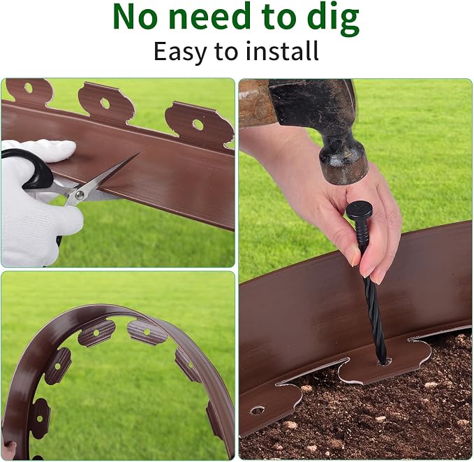 AggFencer Landscape Edging 4in Garden Edging Borders No Dig 50ft | Flexible Landscaping Edging Kit for Flower Bed Lawn Yard Grass Brown with 92 Pcs Spikes