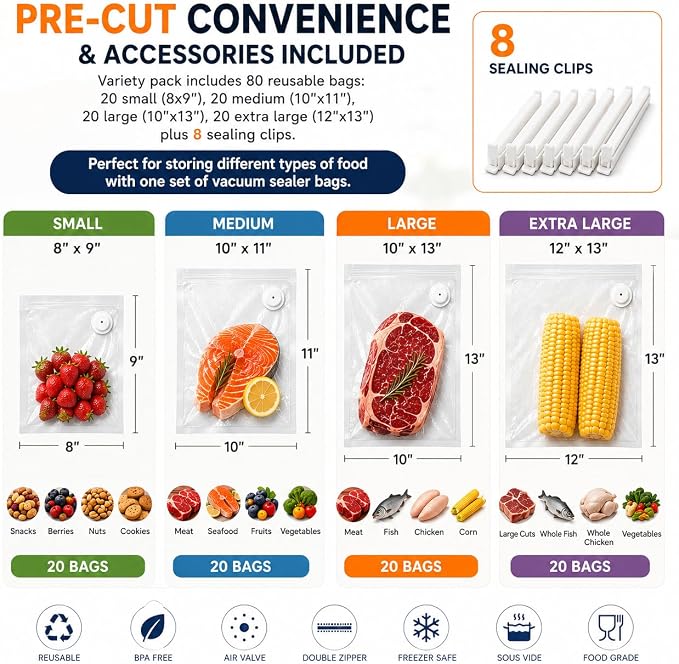 80 Pcs Vacuum Sealer Bags for Food, Reusable BPA-Free Food Storage Bags for Freezer Sous Vide Microwave Heating, Air Valve Zipper Bags (20S+20 M+20 L+20 XL)