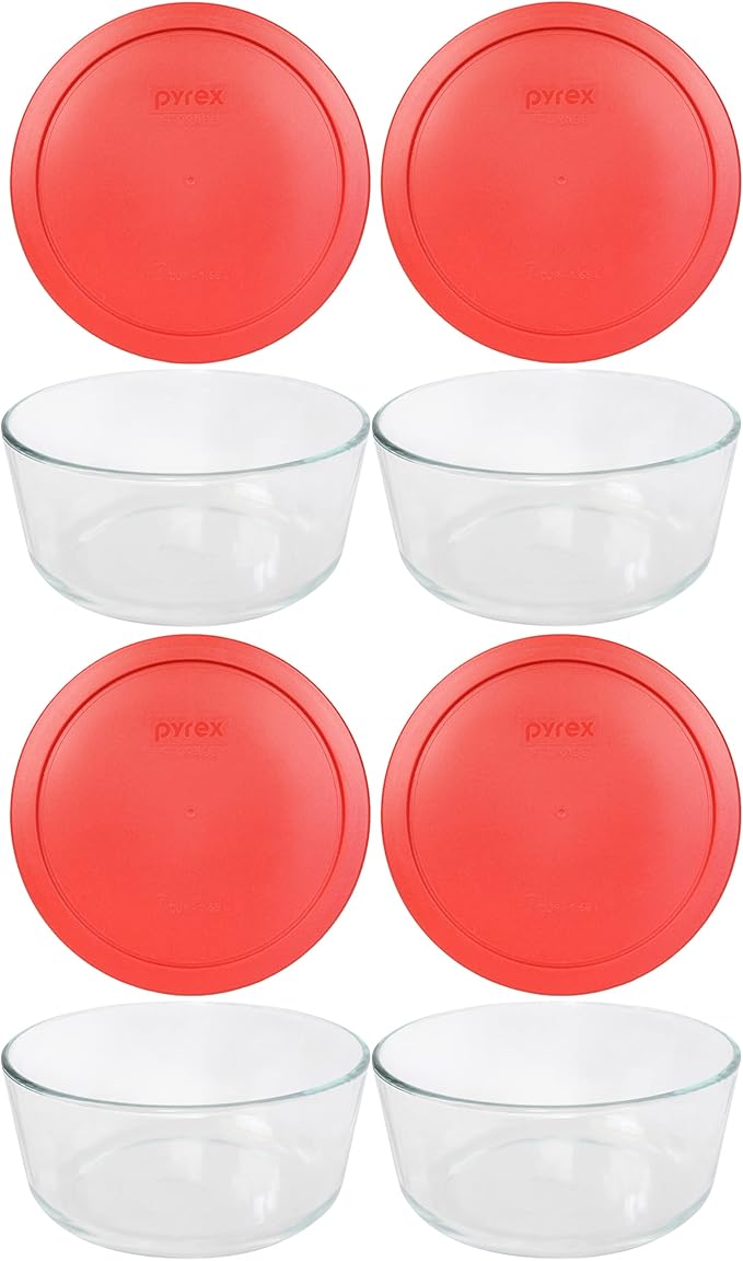 Pyrex 7203 7-Cup Glass Bowl and 7402-PC Red Lid (4-Pack) - Made in USA | Clear Visibility | BPA-Free Plastic | Refrigerator & Freezer Safe | Easy Cleaning | Meal Preparation