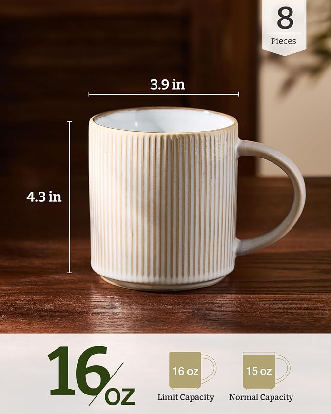 famiware Coffee Mug Set for 8, Star 16 oz Catering Mugs Cup Set with Handle for Coffee, Tea, Cocoa, Milk - Ceramic Stoneware Drinkware Set, Cappuccino White