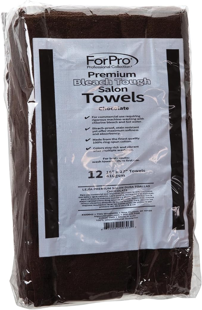 ForPro 12ct Bleach Tough Salon Towels, 16Wx27L in, Chocolate, 100% Cotton | for Salon, Spa & Gym Use, Hand Towels, Bleach-Safe Salon Towels, Absorbent Spa Towels, Barber Towels, Salon & Spa Essentials