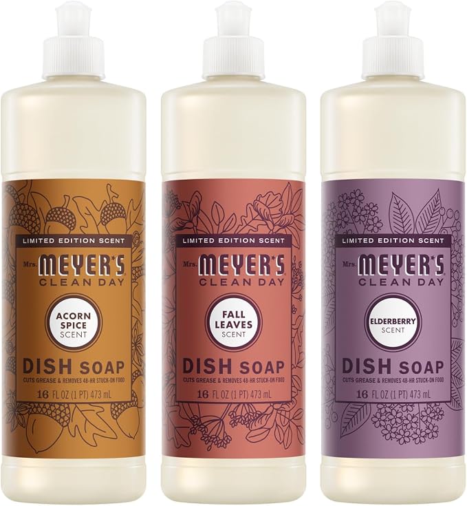 Mrs. MEYER'S Clean Day Dish Soap, Elderberry, Fall Leaves, Acorn Spice, 16 FL OZ Each, 3 CT (Variety Pack)