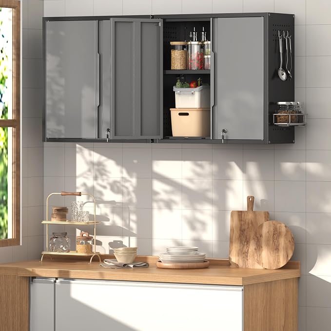 Coolsun Garage Wall Cabinet, 26" H Metal Wall Cabinet with Lockable Doors and Adjustable Shelf, Wall Mounted Metal Storage Cabinets for Garage Assembly Required (26" H Black Gray)