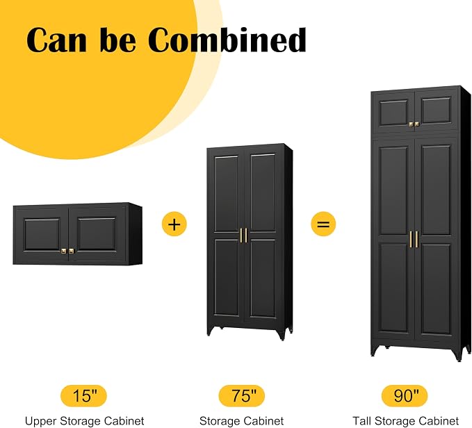 SteeLoong 90”Metal Pantry Storage Cabinet with Doors & 4 Adjustable Shelves | Kitchen Pantry Cabinet,Black Kitchen Cabinet with 4 Gold Handles,Tall Cabinet for Livingroom,Pantry, Bathroom,Kitchen,Garage