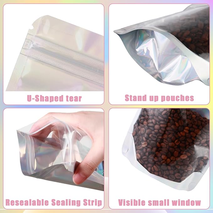 150 Pcs Mylar Bags for Food Storage, 4x6 Mylar Bag with Window Stand Up, Small Holographic Resealable Bags Smell Proof Bag Food Packaging for Small Business Freeze Dried Candy Jewelry Foil Packaging