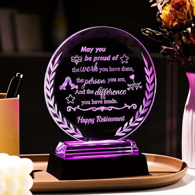 Happy Retirement Gifts for Woman Men Crystal Retirement Plaque Gifts with LED Light Base 2026 Glass Keepsake for Retired Boss Friend Coworker Teacher Going Away