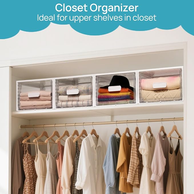 Vtopmart 4 Pack White Stackable Storage Drawers 15QT, Easily Assemble Closet Organizers,Plastic Storage Bins for Bathroom,Cabinet,Kitchen Pantry,Under Sink Organization(Medium)