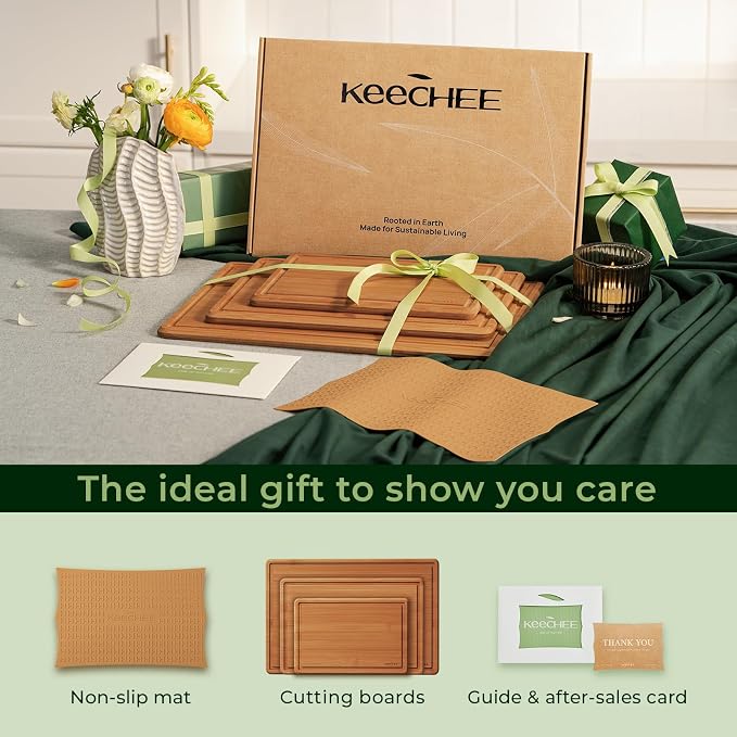 Keechee 2Pcs Cutting Board Set with Non-slip Mat, Bamboo Cutting Boards for Kitchen Meal Prep & Serving - Wood Serving Board Sets with Deep Juice Groove Ideal Kitchen Gifts