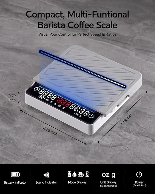 Digital Mini Coffee Scale with Timer - Mini Espresso Scale with Flow Rate Indicator & Brew Ratio, 4 Smart Modes Rechargeable 2kg/0.1g Precision Scale for Pour Over, Kitchen, Matcha, White