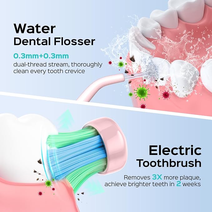 COSLUS C20C41 Water Flosser Electric Toothbrush Combo, 2-1 Oral Clean Kit | Brushing & Flossing for Teeth & Braces Cleaning, Gums Care, Portable Travel Use, Gift for Family, Adults, BPA-Free, Pink
