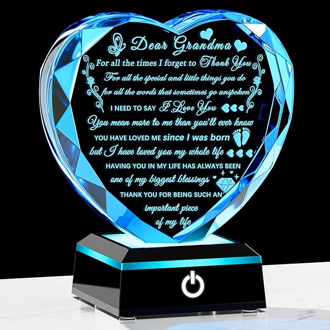 Arikyrist Grandma Birthday Gifts with Colorful LED Base Meaningful Crystal Heart Gifts for Grandma from Grandkids Great Gift Ideas for Grandmother on Mothers Day Valentine Thanksgiving