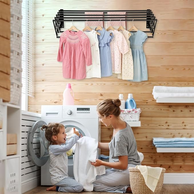 XL-31.5" Wall Clothes Drying Rack, Retractable Mounted Rack Black | 7 stainless rods, staggered for faster drying. Rustproof. Expands to 25.6"D. Folds flat for storage. Mounting hardware.