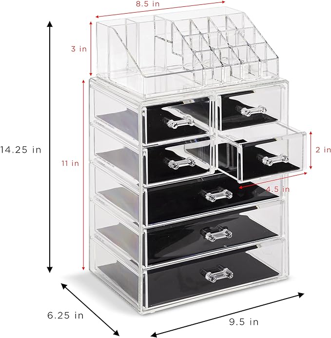 Sorbus Acrylic Makeup Organizer Set, 7-Drawer Vanity & Countertop Cosmetic Storage with Small & Wide Compartments, CLear Makeup Storage for Brushes, Jewelry – Holiday Gift for Women & Teens
