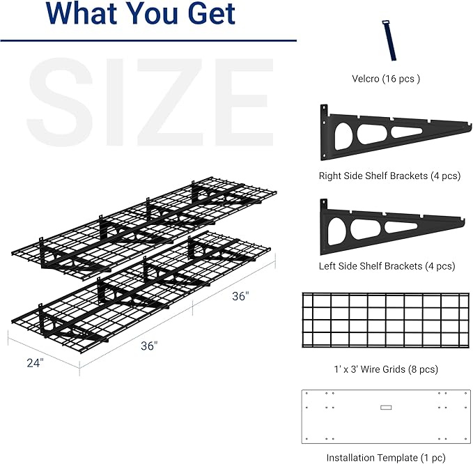 FLEXIMOUNTS 2-Pack 2x6ft Garage Shelving with Hooks 24-inch-by-72-inch Wall Shelf Garage Storage Racks Floating Shelves, Black, Classic Series