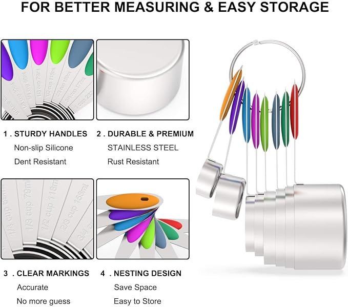 Wildone Stainless Steel Mixing Bowls Set with Airtight Lids, 3 Grater Attachment & Non-slip Bottoms and Multicolor 16 Piece Measuring Cups and Spoons Set