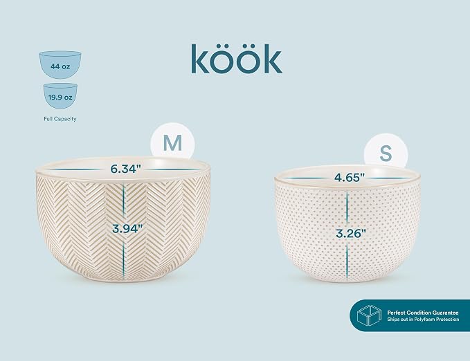 KooK Ceramic Mixing Bowls, Nesting Set of 4, Embossed Kitchen Dishware, Prep, Serving, Gift, Microwave and Dishwasher Safe, 20/44/98/145 oz, Narbonne Collection (Ivory)