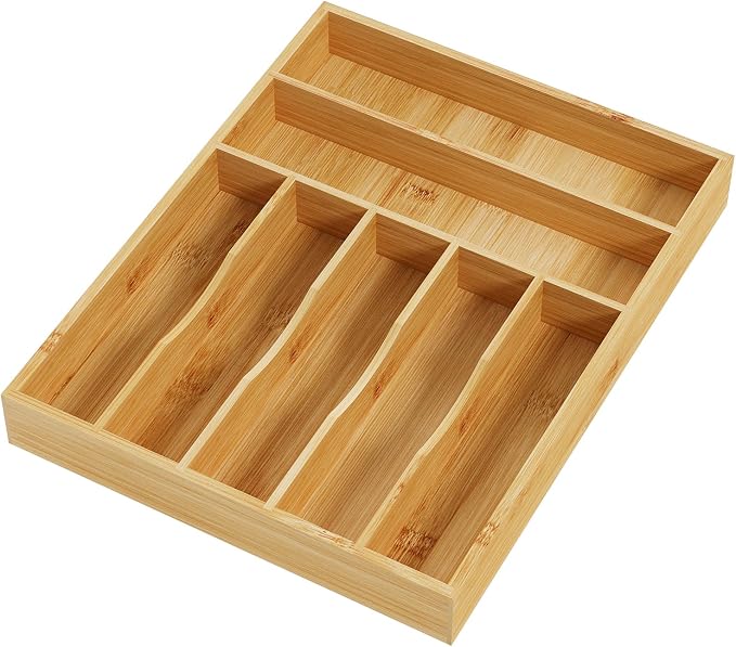 BAMEOS Bamboo Flatware Organizer 16.5×12.8 –Silverware Tray for Small Kitchen Drawers, 2" H Cutlery Holder | Forks, Spoons, Knives