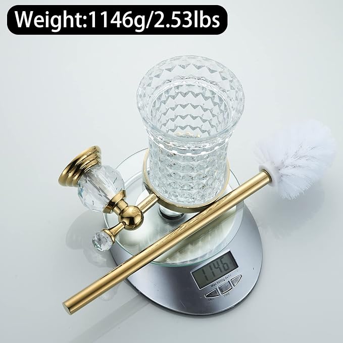 WOLIBEER Crystal Toilet Brush Holder, Polished Gold Brush Handle with Replaceable Brush Head, Stainless Steel Bathroom Cleaning Set Wall Mounted