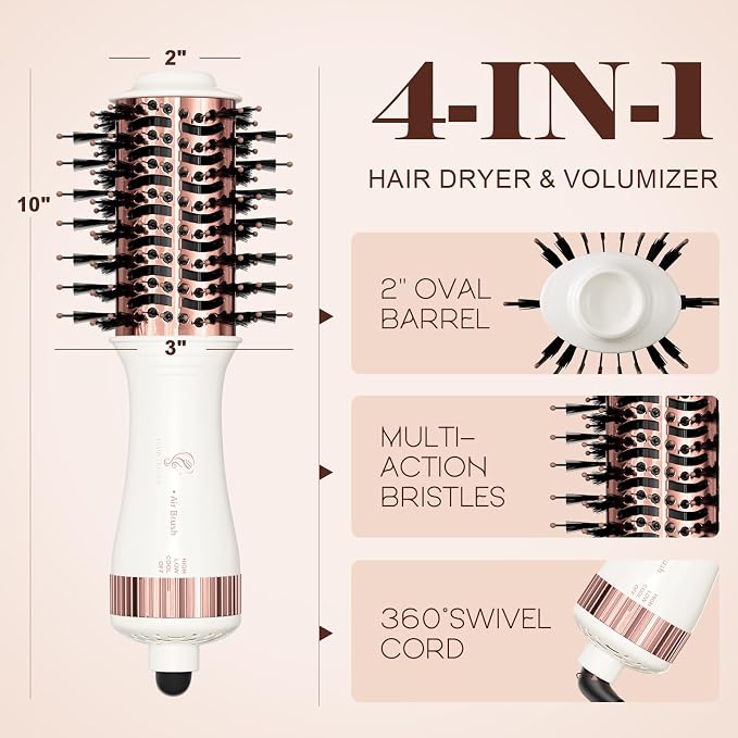 Travel Blow Dryer Brush in one, Dual Voltage 120V-240V Mini Hot Air Brush, Hair Trends Nano Titanium 2 Inch One Step Hair Dryer and Styler Volumizer Oval Shape