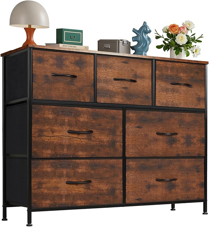 OLIXIS 7 Drawer Dresser for Bedroom, Wide Fabric Storage Tower with Wooden Top and Metal Frame, Closet Chest Organizer Furniture, TV Stand for Living Room Hallway, Rust Brown