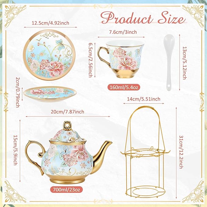 Zhehao 20 Pcs Porcelain Tea Set with Metal Holder and Spoon Adult Ceramic Tea Set European Flower Painting Teapot Cup Saucer Spoon for Women Mom Gift, Large Version (Vivid Style)