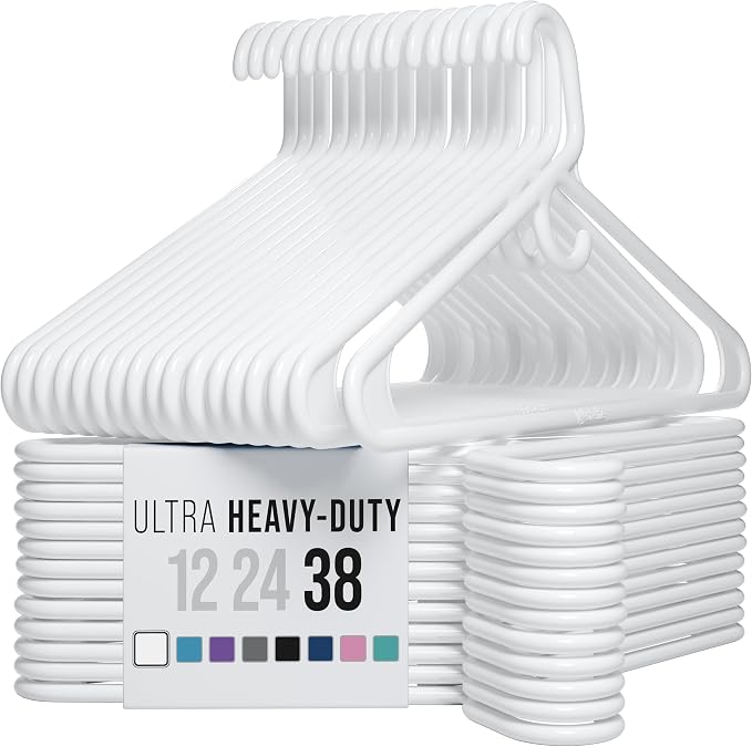 NEATERIZE Thick Heavy Duty Hangers - White Plastic Clothes Hangers 38 Pack - Great for Coat Hanger, Jackets Jeans & Suit Hanger for Closet - New Apartment Essentials Percheros Ganchos para Colgar Ropa