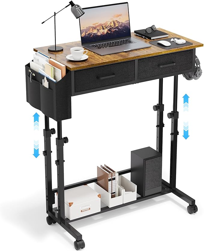 Small Rolling Standing Desk, Height Adjustable Mobile Sturdy Desk with 2 Fabric Drawers & Storage Shelf, Portable Sofa Side Laptop Table for Home Office, Small Spaces, 31.41"" x 15.74"", Rustic Brown
