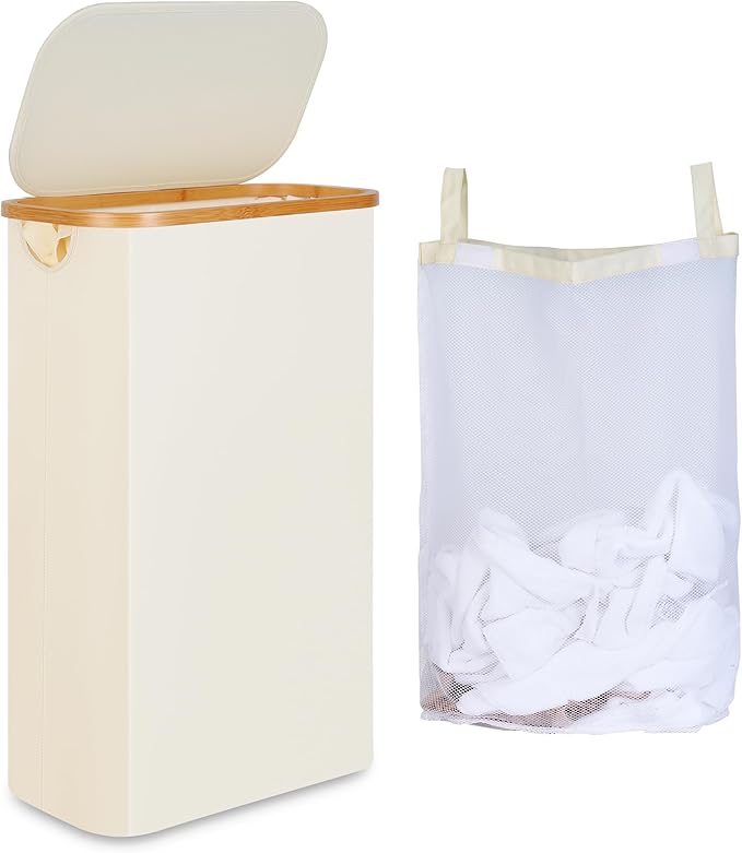 iEGrow 65L Slim Laundry Hamper, Narrow Laundry Basket with Lid,Foldable Clothes Hamper with Bamboo Handles,Hamper Basket with Removable Inner Bag for Laundry Room Bedroom College Dorm,17.17 Gals Beige