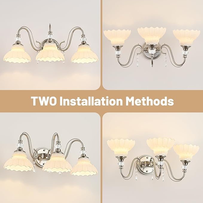 Brushed Nickel Bathroom Vanity Light, 3-Light Nickel Finish Wall Sconce with Hanging Crystal Accents and Flower-Shaped White Glass Shades, Modern Wall Mount Vanity Light Over Mirror for Bathroom