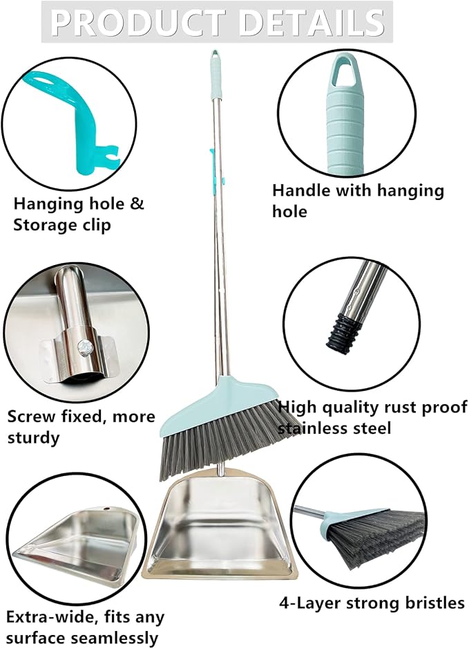 YAYOU Dust Pan and Broom Set for Home, 33.5'' Premium Quality Heavy Duty Stainless Steel Dustpan with Long Handled, Elegant Stand Up Design, Sturdy Dustpans Home/ Lobby/ Shop/ Office, Broom, Silver