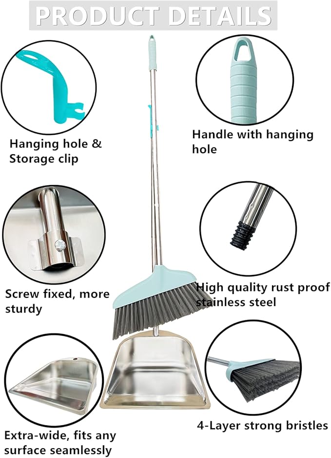 Dustpan and Broom Set - 33.5" Long Handle Dust Pan Indoor Outdoor Stainless Steel Dust Pans, Household Heavy Duty Standing Dustpan and Broom for Home Room Lobby Office